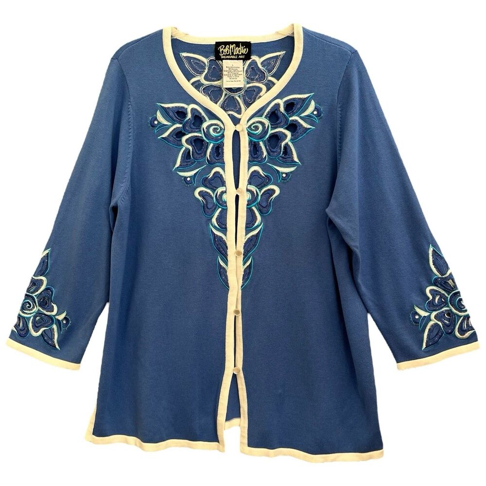 Bob Mackie Embroidered Cardigan Size L Lagenlook Artsy Topper Cutouts Rhinestone